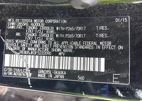 2015 Toyota 4Runner Trail Premium from USA, damaged, VIN JTEBU5JR3F5232090